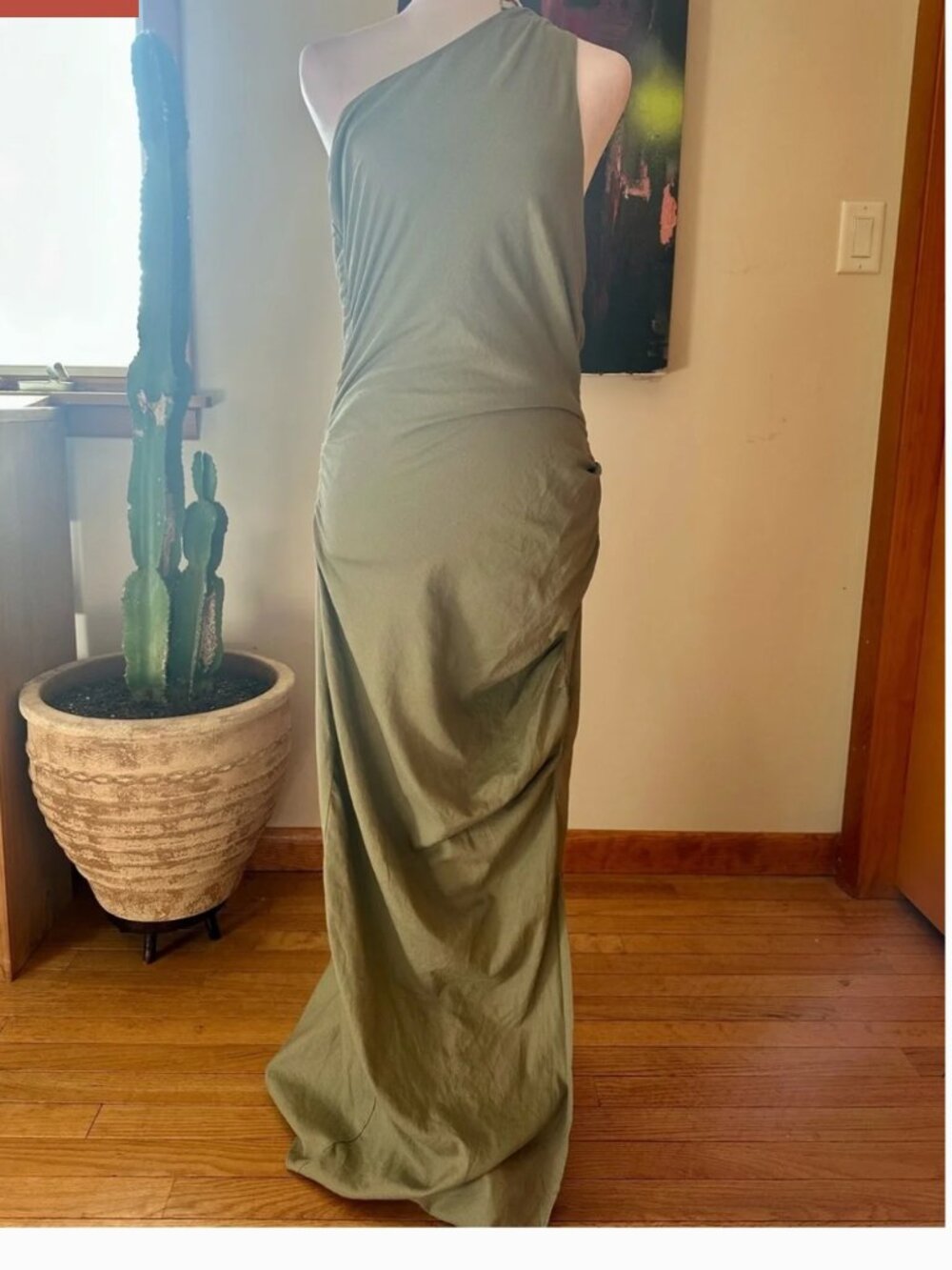 Zara sage green one shoulder maxi dress size large